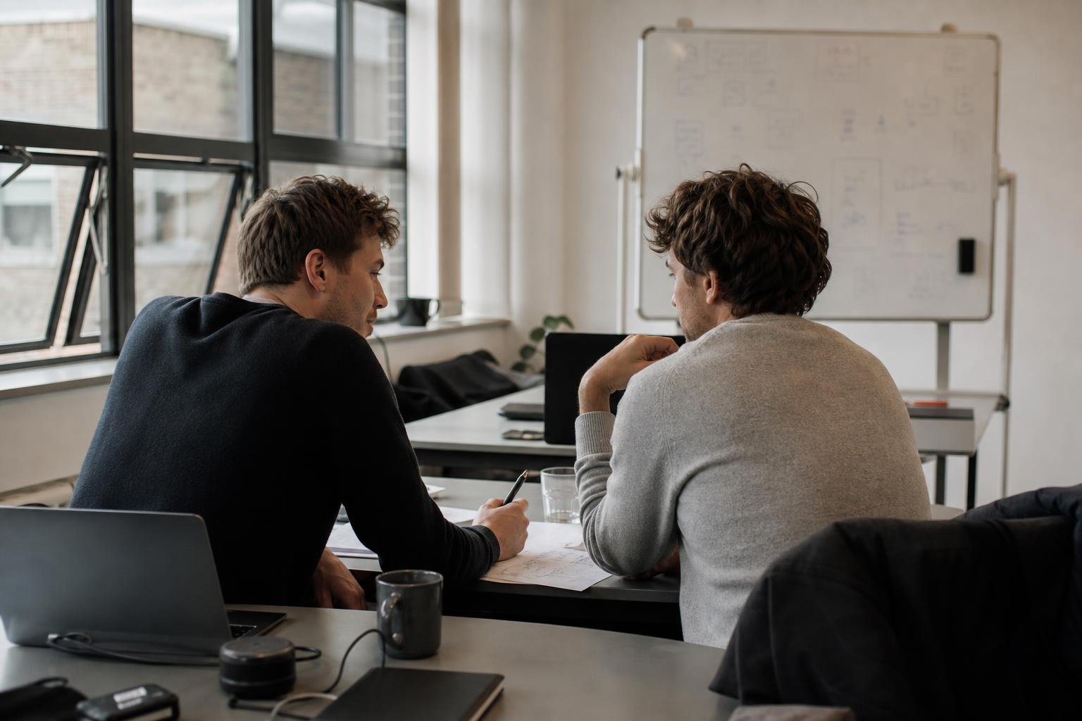 Two colleagues at a small software company talking over printed notes while choosing a SaaS PPC agency