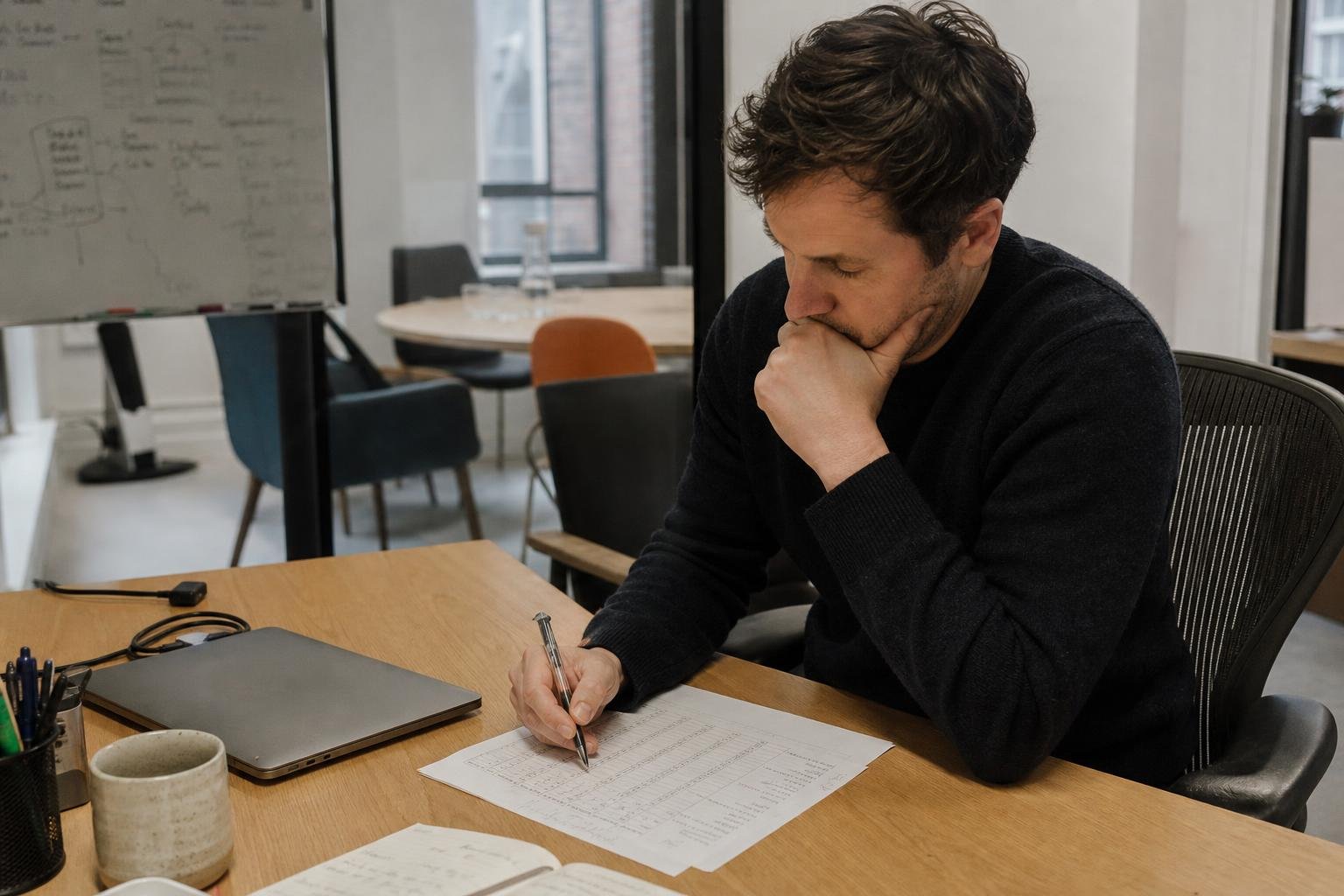 A SaaS founder works through a monthly budget on paper, weighing up what a SaaS PPC agency would cost.