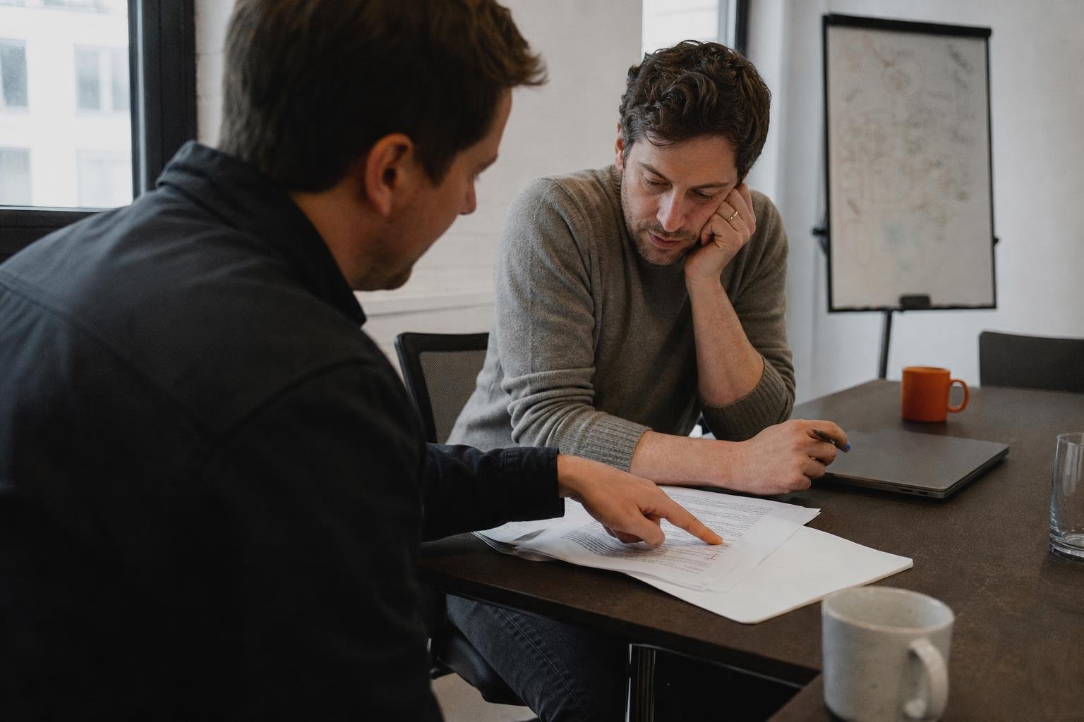 Two founders reading a SaaS PPC agency proposal at a meeting table, one pointing at a clause on the page