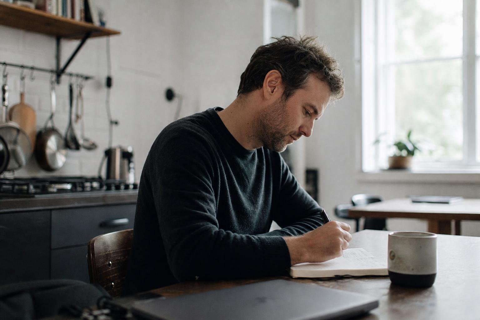 A founder writing a short list of the week's decisions in a notebook beside a mug